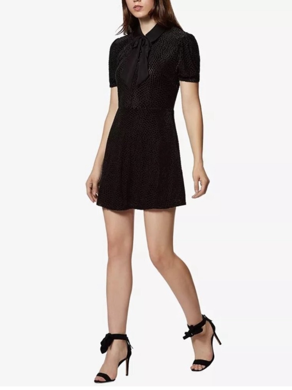 Avec Les Filles Black Velvet Polka Dot Tie-Neck Mini Dress